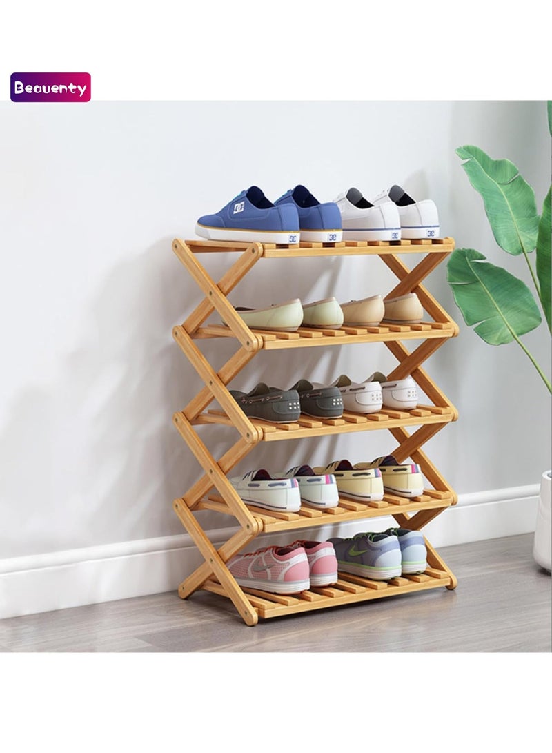 بيوينتي رفافة أحذية خماسية الطوابق من الخيزران، قابلة للطي ومحمولة، خزانة أحزان بدون حاجة للتجميع، مثالية للممرات وغرف النوم والأماكن الضيقة (5 طوابق) 70x25x89 سم - Image 1